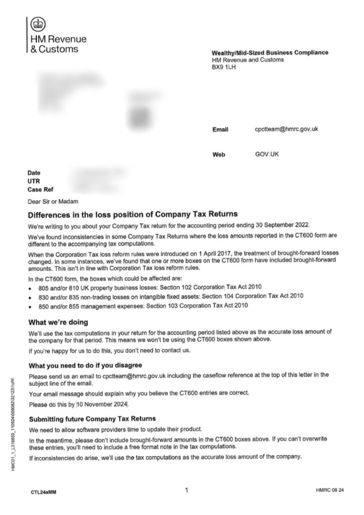 HMRC write re loss claims